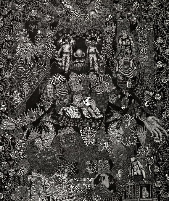 A dense, intricate black-and-white surrealist drawing filled with overlapping figures, patterns, and ornamental details, matching the description of Leviathan's sold artwork titled "Leviathan," which is being shown at REMAINS gallery.