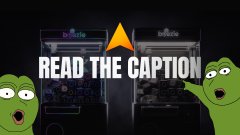 The image features a thumbnail with a black background showing two green cartoon characters with shocked expressions flanking retro arcade cabinets, with a yellow triangle warning symbol and bold white text reading "READ THE CAPTION" overlaid. This humorous "read the caption" graphic suggests viewers should look at the accompanying post text, which humorously claims that the game "Platinum" has become even more "EV" (likely referring to a game feature or event) than before, with higher engagement mentioned for user @beezie.
