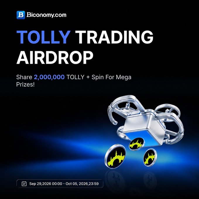 A promotional graphic for "TOLLY TRADING AIRDROP" on Biconomy.com offering to share "2,000,000 TOLLY + Spin For Mega Prizes!" from Sep 29, 2026 to Oct 05, 2026, featuring a drone-like object and Batman-themed coins.