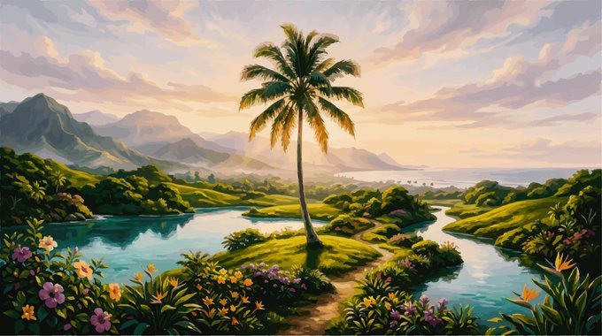 A lone palm tree stands against a vibrant sunset sky, overlooking serene turquoise waters, lush mountains, and tropical flowers in a digital painting titled "Nuance of Palm." The artwork's tranquil beauty aligns with the warm, uplifting spirit of the "Good Morning / Happy #TEZOSTUESDAY" post.
