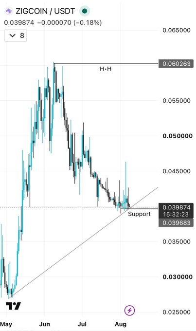 A candlestick chart of ZIGCOIN/USDT on TradingView shows the price at 0.039874 (down 0.18%), holding above a rising trendline and support zone near 0.040, with a marked H-H resistance at 0.060263. The image directly supports the post's bullish thesis by visually illustrating the trendline support, the key $0.040 support level, and the upside targets of $0.045, $0.050, and $0.060 mentioned in the analysis.
