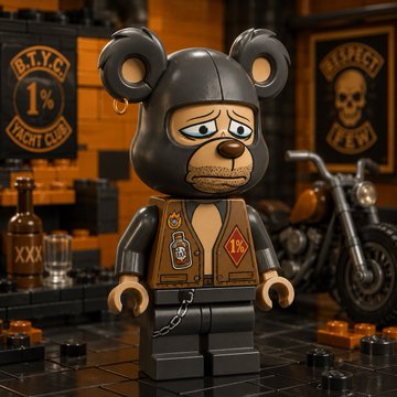 A LEGO-style collectible figure of a sad-looking bear character in biker attire with a 1% patch, standing in front of a backdrop featuring "B.T.Y.C 1% LIGHT CLUB" and "LIVE FREE" skull logos with a motorcycle.