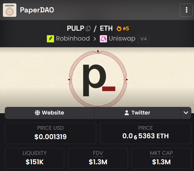A cryptocurrency dashboard displays 'PaperDAO' with the trading pair PULP/ETH, showing a price of $0.001319 and market cap of $1.3M.