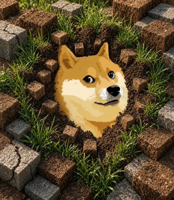 A Doge meme face emerges from crumbling blocks of earth and stone, symbolizing the slow but determined grind of pushing through obstacles toward the $1 DOGE milestone. The image visually reinforces the post's message that every block represents another step toward that goal.