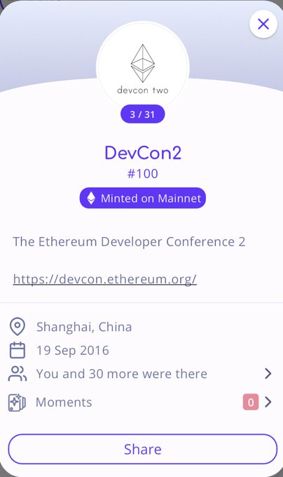 A digital POAP (Proof of Attendance Protocol) badge displaying "DevCon2 #100" minted on Mainnet for the Ethereum Developer Conference 2, held in Shanghai, China on September 19, 2016, with the user noted as being among 30 attendees. The badge serves as a permanent, blockchain-verified memento of attending the early Ethereum developer event, supporting the caption's message about the unforgeable proof of attendance.