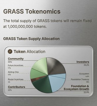 GRASS Tokenomics infographic showing a fixed total supply of 1,000,000,000 tokens allocated across Community (30% - including Future Incentives 11%, Airdrop One 10%, Router Incentives 3%), Investors (25.2%), Foundation & Ecosystem Growth (22.8%), Distributors (22%), and Foundation Treasury (16%), illustrating the post's point that a substantial 30% community allocation could potentially support a Season 3 for $GRASS.