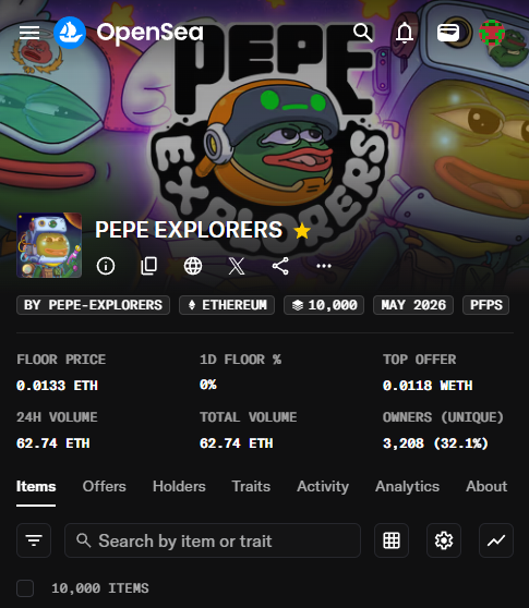 The image shows a screenshot of the Pepe Explorers game's website page, which contains information about the game as well as its rating system. The title "Pepe Explorers" can be seen at the top left corner of the screen, and below that there is text providing details about the game, such as a list of items available for purchase. The website includes images to showcase the main character Pepe along with other characters in the game. Additionally, there are options like a search bar and a chat feature to help players navigate and interact with the game.