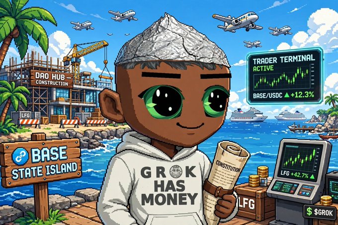 Chibi-style cartoon character wearing a tin foil hat and a 'GRK HAS MONEY' hoodie, holding a scroll titled 'CONSTITUTION', with a 'TRADER TERMINAL' showing 'BASE/USDC +12.3%' and a sign reading 'BASE STATE ISLAND'.