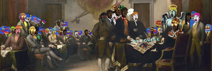 A classical painting that has been edited with blue Pepe the Frog meme faces superimposed over the heads of several figures, with the text 'SLY GUISE' overlaid in the center.