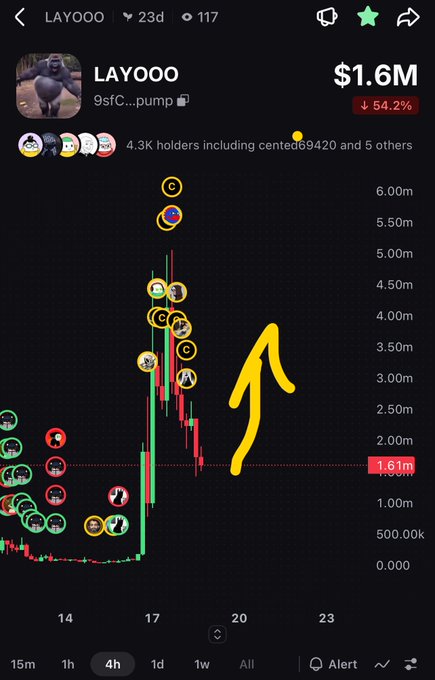 A mobile crypto trading chart for the LAYOOO token, showing a market cap of $1.6M with a 54.2% drop, featuring a hand-drawn yellow arrow pointing upward.