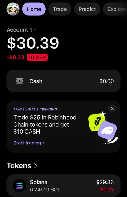 A dark-mode Robinhood crypto app screenshot showing Account 1 balance of $30.39 (-$0.23, -0.75%), $0.00 cash, and a Solana (SOL) holding of 0.24619 SOL worth $29.86 (-$0.23), with a promotional banner: 'Trade $25 in Robinhood Chain tokens and get $10 CASH.'