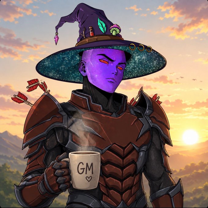 A fantasy illustration of a purple-skinned warrior in red armor with arrows in his shoulders, wearing a wide-brimmed wizard hat, holding a mug labeled 'GM' against a sunset landscape.