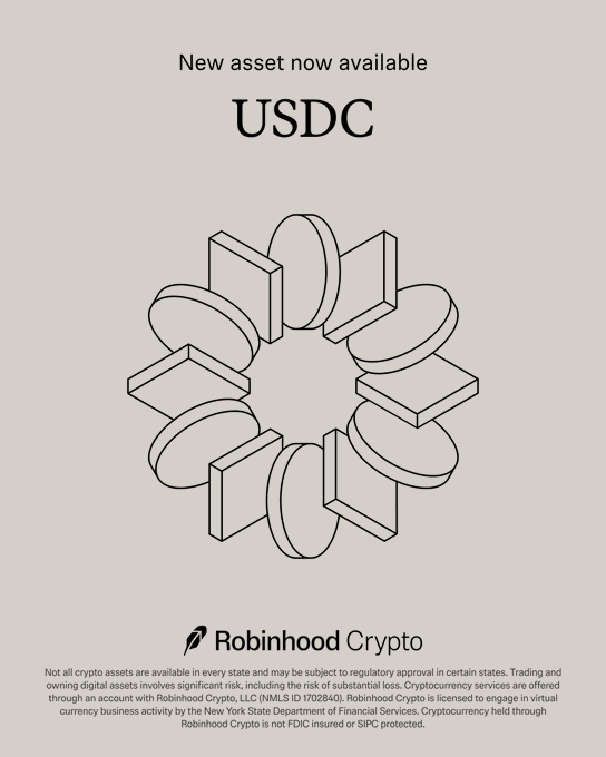 The image features a poster for Robinhood Crypto, which is an online marketplace where users can buy and sell cryptocurrencies like Bitcoin. The poster includes text that reads "New Asset now available" and "USDC", indicating that new assets are now available on Robinhood Crypto. The poster also mentions the USDC, which stands for United States Digital Currency.