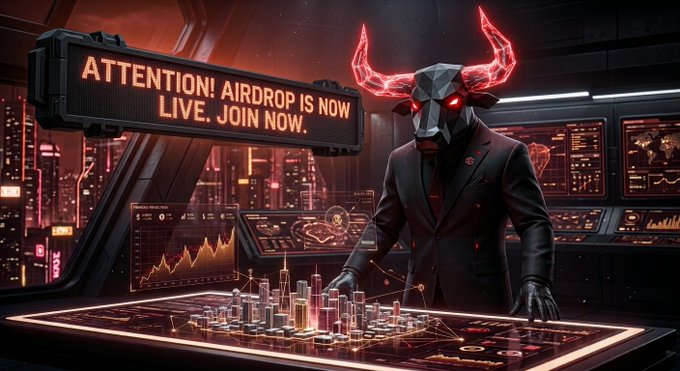 An imposing red-glowing bull-headed figure in a suit stands over a holographic city display in a futuristic control room, with a neon sign reading "ATTENTION! AIRDROP IS NOW LIVE. JOIN NOW." The image visually reinforces the post's urgent call to action, using the menacing bullish figure to symbolize the "$BULLSEM Airdrop" promotion.