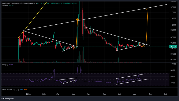A trading chart on TradingView displays the price action of RARE/USDT on Uniswap, featuring candlestick patterns, trendlines forming a symmetrical triangle, and RSI and Stoch RSI indicators below.