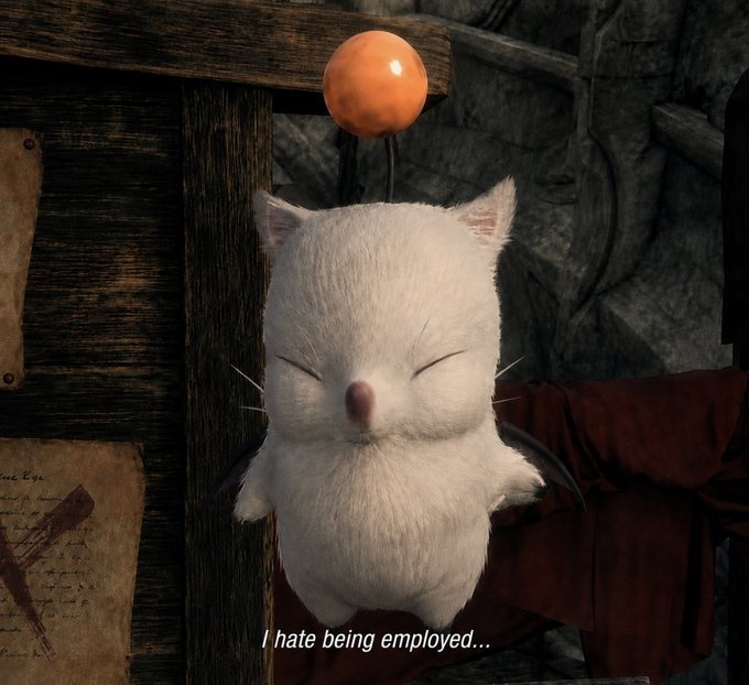 A white cartoon cat with closed eyes balances an orange ball on its head in a dimly lit setting, with the caption 'I hate being employed...'