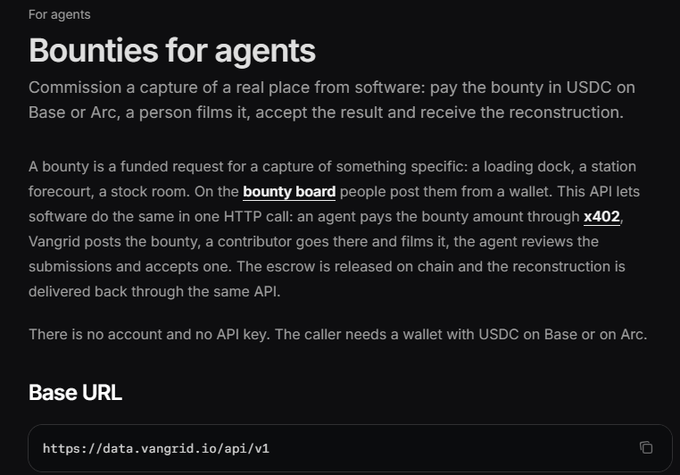 A dark-themed webpage titled 'Bounties for agents' from Vangrid, explaining how an API allows agents to commission real-place captures paid in USDC, with a Base URL of https://data.vangrid.io/api/v1 shown at the bottom.