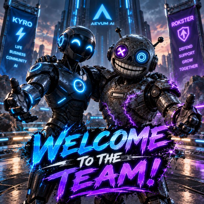 A digital graphic featuring two robotic figures with banners reading "KYRO" and "ROKSTER" alongside an "AEVUM AI" logo, with stylized text saying "WELCOME TO THE TEAM!".