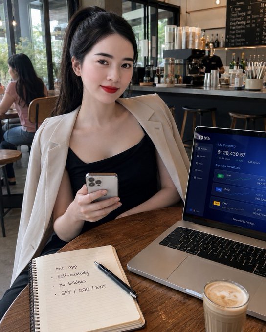 The image shows a woman sitting at a table with her laptop open in front of her. She has a notebook and pen nearby as well. The scene takes place in a cafe or restaurant, where there are other people present but not visible in the frame. A cup is also placed on the table next to the laptop.