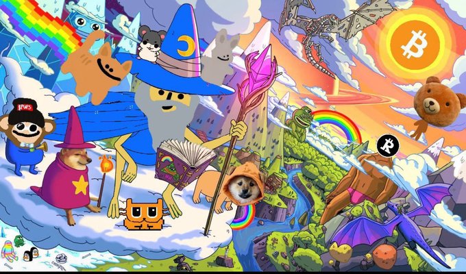 A vibrant, chaotic digital illustration featuring various animal characters, including wizards, cats, and dragons, alongside symbols like Bitcoin and Dogecoin in a fantasy landscape.
