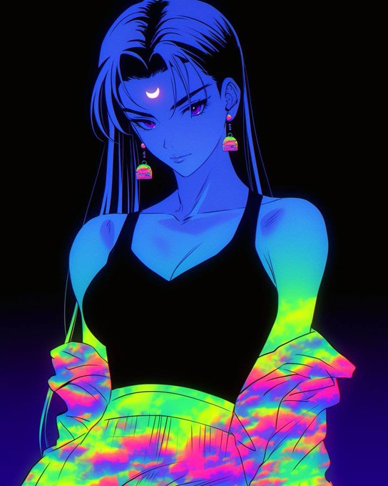 An anime-style illustration of a blue-skinned woman with long dark hair, a crescent moon on her forehead, colorful earrings, and a black tank top.
