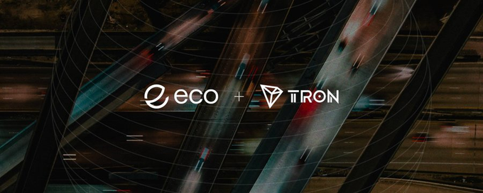 The image shows the Eco and TRON logos side by side, separated by a plus sign, set against a motion-blurred background of highway traffic. The logos visually represent the integration partnership announced in the post, symbolizing the merging of Eco's multi-chain stablecoin payment infrastructure with TRON's blockchain network to enable real-time USDT transfers across chains.