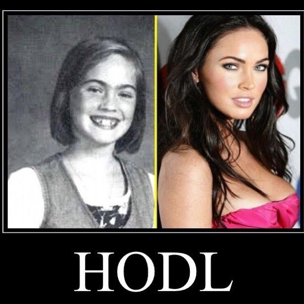 A side-by-side "before and after" meme featuring childhood and adult photos of Megan Fox with the caption "HODL" below, illustrating the post's message that you can replicate the ticker $HODL but cannot replicate her public support and influence—making sub-1M market cap feel "criminal" for those who recognize the value of her backing.