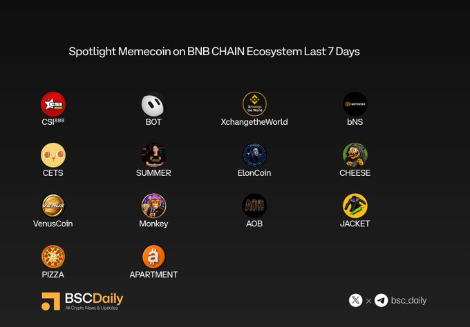 A dark-themed graphic titled "Spotlight Memecoin on BNB CHAIN Ecosystem Last 7 Days" displays circular logos and tickers for featured memecoins including CSI888, BOT, XchangetheWorld, bNS, CETS, SUMMER, ElonCoin, CHEESE, VenusCoin, Monkey, AOB, JACKET, PIZZA, and APARTMENT, with the BSC Daily logo and social handles (@bsc_daily) shown at the bottom, visually corresponding to the accompanying tweet that highlights the top-performing BNB Chain memecoins of the week.