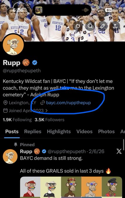 The image shows a social media post featuring a group of people wearing blue jerseys, likely basketball players from Kentucky Wildcats. The post includes a caption that reads "I follow everyone with BAYC in their bio @BoredApeYC". This caption is located at the bottom right corner of the image and is surrounded by various images related to the post's content.