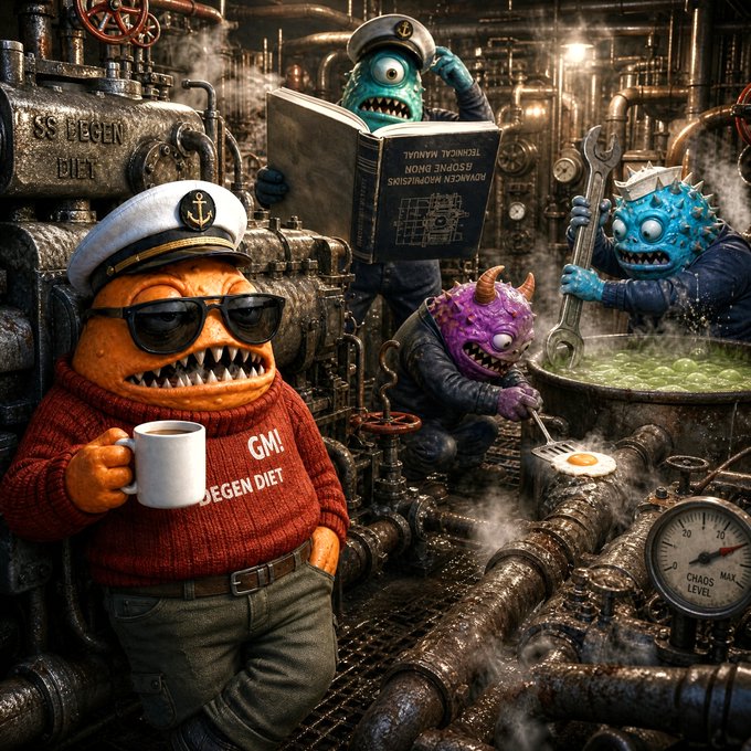 A cartoonish industrial scene shows monsters wearing sailor caps maintaining steam-filled machinery— one orange creature in sunglasses and a "GMI DEGEN DIET" sweater holds a coffee mug, while others use wrenches and study technical manuals labeled "TECHNICAL MANUAL" amid gauges marked "CHAOS LEVEL MAX" and steam pipes inscribed with "DEGEN DIET." The image visually reinforces the post's "infrastructure-first" theme, depicting Harbor's USDC vault operations as a transparent, traceable machine rather than a black box.