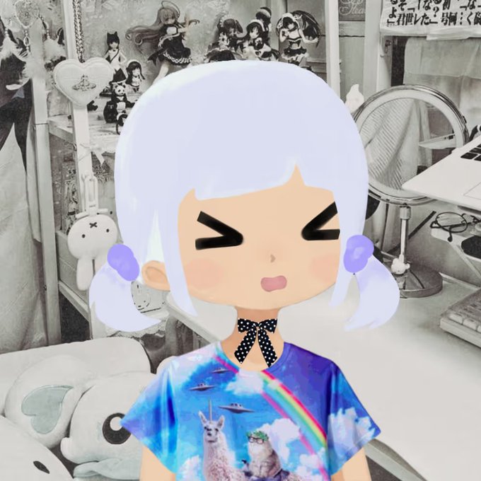 A chibi-style anime character with pale purple hair in pigtails and a galaxy-print shirt featuring UFOs and alpacas, set against a black-and-white room background.