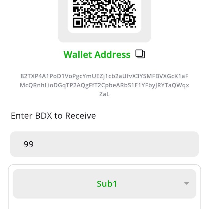 A digital interface showing a wallet address, a QR code, a text field with '99', and 'Sub1' dropdown selection.