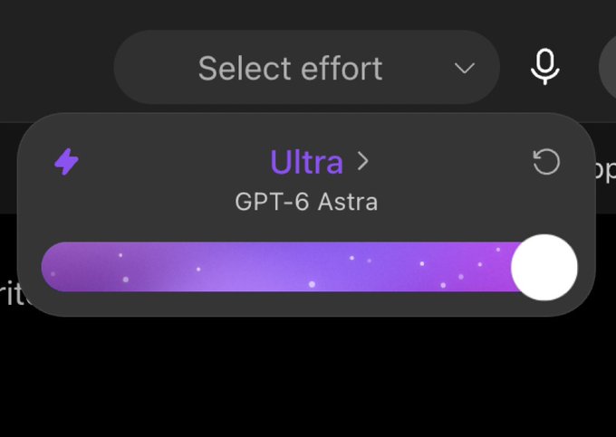 A dark-themed interface shows a "Select effort" dropdown with the "Ultra" option selected, indicating "GPT-6 Astra" model with a purple intensity slider turned to maximum, suggesting the user is leveraging the highest-effort AI capability to search for a 100x memecoin opportunity.