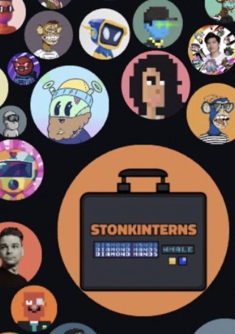 A profile picture arrangement centered on an orange circle featuring a briefcase graphic with the text "STONKINTERNS" and "DIAMOND HANDS WHALE", surrounded by various cartoon and pixel-art avatars.
