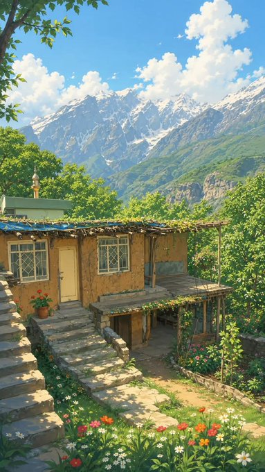 An anime-style illustration of a rustic stone house with wooden steps, surrounded by lush greenery and colorful flowers, set against a backdrop of snow-capped mountains under a blue sky.