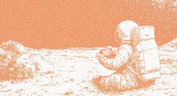 An orange and white illustration of an astronaut sitting on a planetary surface, appearing to sketch or write on a pad.