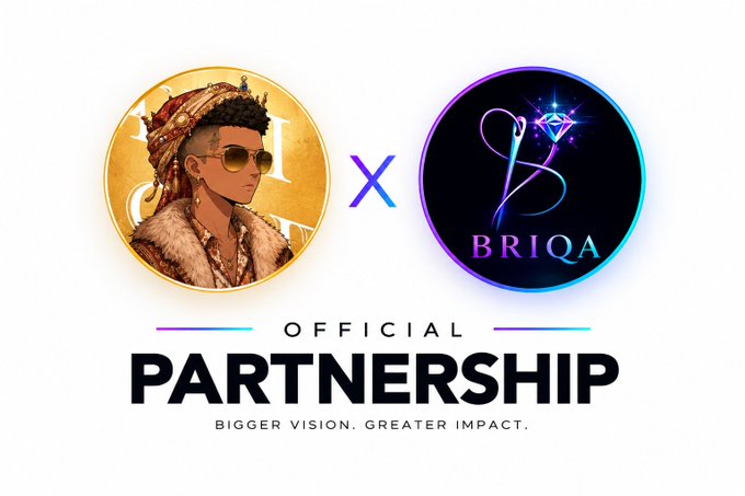 The image announces an "Official Partnership" between two circular logos—one featuring a stylized character with sunglasses and a fur collar, and the other labeled "BRIQA" with a diamond motif—accompanied by the tagline "BIGGER VISION. GREATER IMPACT." It visually represents the project marketer's collaboration with @briqaofficial on the RWA narrative mentioned in the announcement.