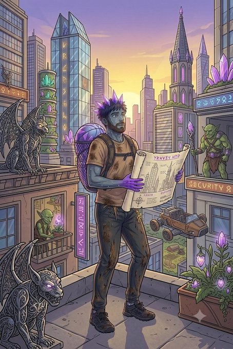 Fantasy illustration of a bearded character with purple-tipped hair holding a map in a magical city with crystal towers, gargoyles, goblins, and a small cart with glowing purple crystals.