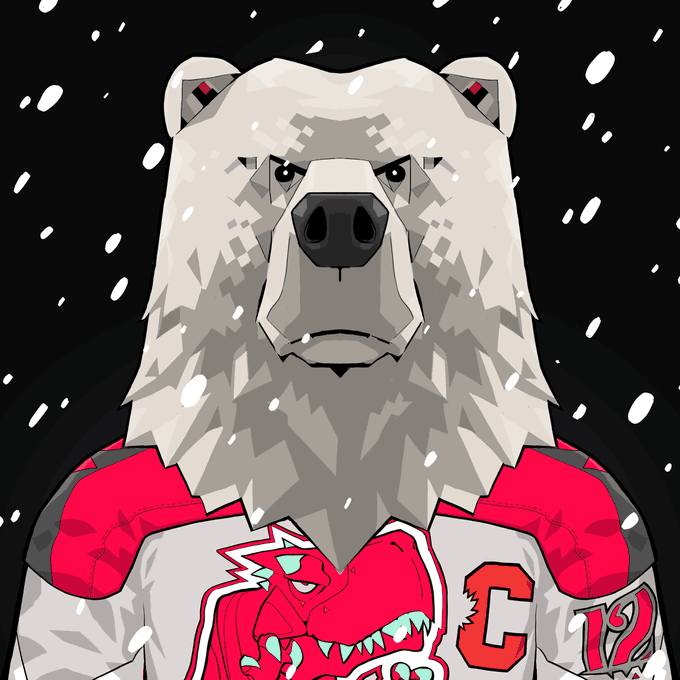 A digital illustration of a white bear mascot wearing a red and grey football jersey with a 'C' logo and bear graphic, set against a black background with falling snow.