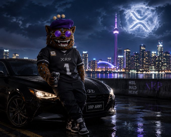 A digitally rendered scene showing an anthropomorphic bear character wearing an XRP jersey and purple hat, standing by a black Hyundai with an 'XRP ARMY' license plate, with the XRP logo glowing in the cloudy night sky above a city skyline.