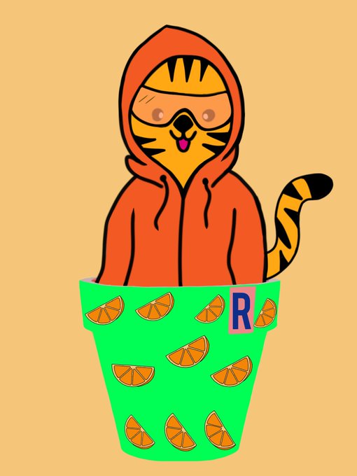 A cartoon illustration of a tiger wearing an orange hoodie, sitting inside a green bucket decorated with orange slices and the letter 'R' against a yellow background.