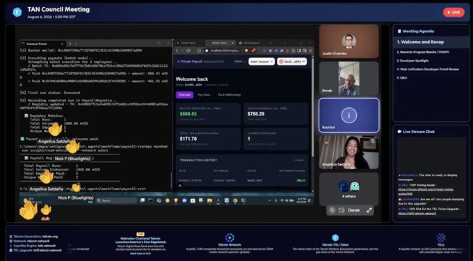 The image shows a TAN Council Meeting video call from August 6, 2024, featuring four participants including Justin Gramke, Derek, Nick P, and Angelica Saldana, with a presentation on screen displaying Telcoin's financial metrics ($568.53, $758.29, $171.78), payouts, and transaction history alongside agenda items like "Welcome and Recap" and "Developer Spotlight." This aligns with the post promoting a must-watch $TEL (Telcoin) community update for token holders.