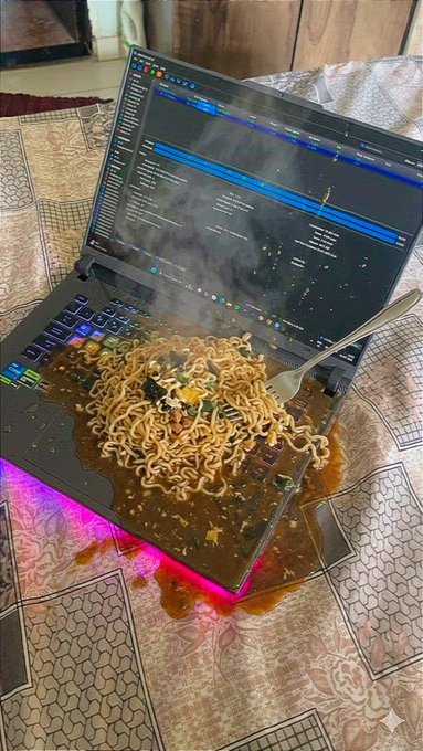 A steaming plate of curry noodles has been spilled directly onto a laptop keyboard, with sauce dripping off the device and pooling onto the tiled floor below, while the screen still displays what appears to be a dashboard interface. The "what's your next move" caption captures the universally relatable moment of food-meets-tech disaster, likely posted by a gamer or trader reacting to this costly, inedible mess.

Visible text on the screen includes navigation tabs and what appears to be data/metrics in a dark-themed interface, though specific numbers are difficult to read through the damage.