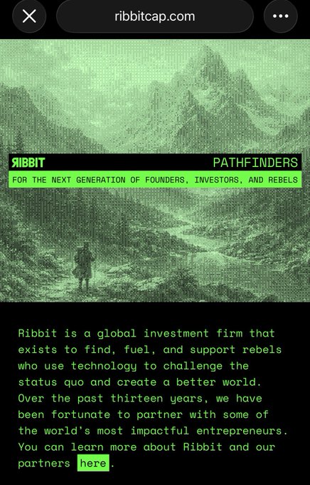 A mobile screenshot from ribbitcap.com showing the Ribbit 'Pathfinders' page for the next generation of founders, investors, and rebels, with text describing Ribbit as a global investment firm for rebels who use technology to challenge the status quo.