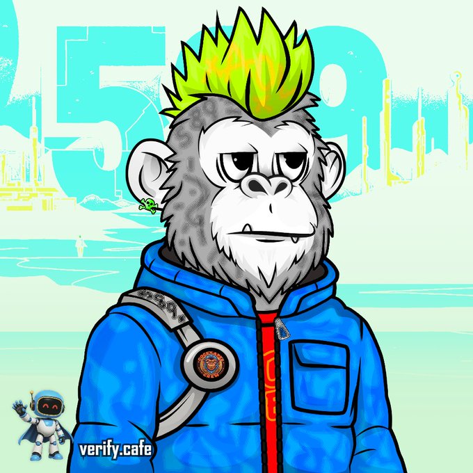 Digital illustration of a gray cartoon monkey character with green flame-like spiky hair wearing a blue hoodie, set against a cyan-tinted futuristic city background with the number '500' visible, branded with 'verify.cafe' and a small robot mascot.