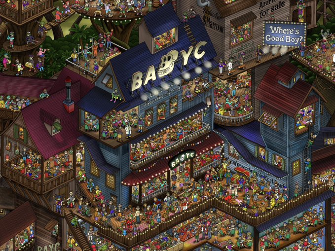 A colorful, densely detailed isometric illustration of a multi-story wooden building labeled 'BABYC', featuring a sign reading 'Where's Good Boy?'.