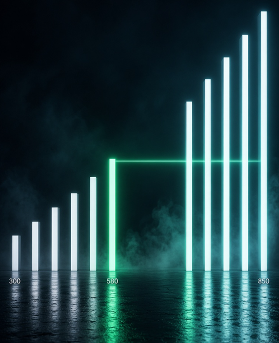 A glowing neon bar chart visualizes the Agentic Credit Score (ACS) scale from 300 to 850, with a highlighted threshold at 580 marking a key tier and bars rising in intensity against a dark, atmospheric background to represent creditworthiness levels for AI agents.