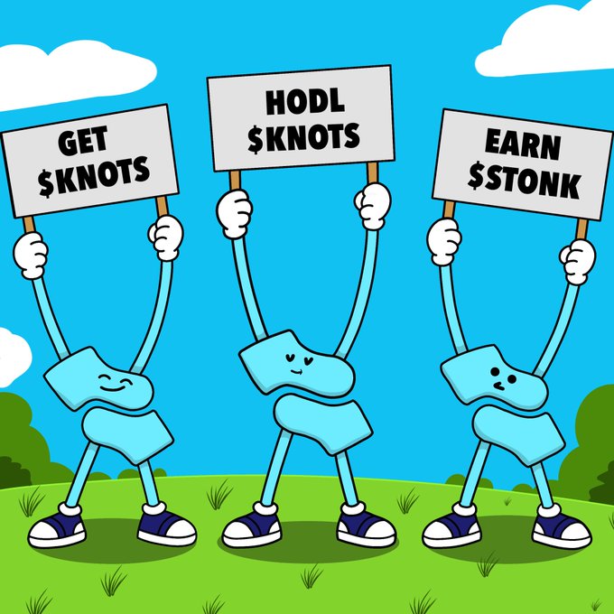 An illustration of three blue cartoon characters holding signs that read "GET $KNOTS", "HODL $KNOTS", and "EARN $TONK" against a sky and grass background.