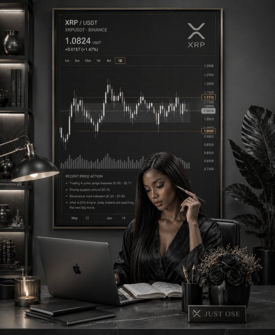 A stylized image of a woman at a desk with an Apple laptop, with an XRP/USDT price chart showing 1.0824 (+1.47%) and the text "JUST OSE" displayed.