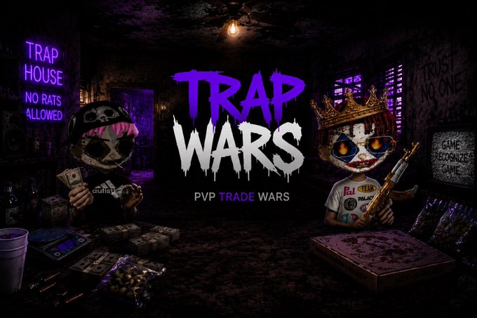The image is promotional artwork for "TrapWars - PVP Trade Wars," featuring two stylized skull characters—one wearing a pink bandana labeled "GUINEY" and the other a crown holding a gold gun—flanking a dripping purple graffiti-style title with a "TRAP HOUSE NO RATS ALLOWED" neon sign and "TRUST NO ONE" graffiti in the background.

The gritty, competitive aesthetic directly matches the post's description of TrapWars.win as a 1v1 betting platform where traders battle by locking SOL into escrow, embodying the "trust no one" trap house vibe of staking your crypto against an opponent.